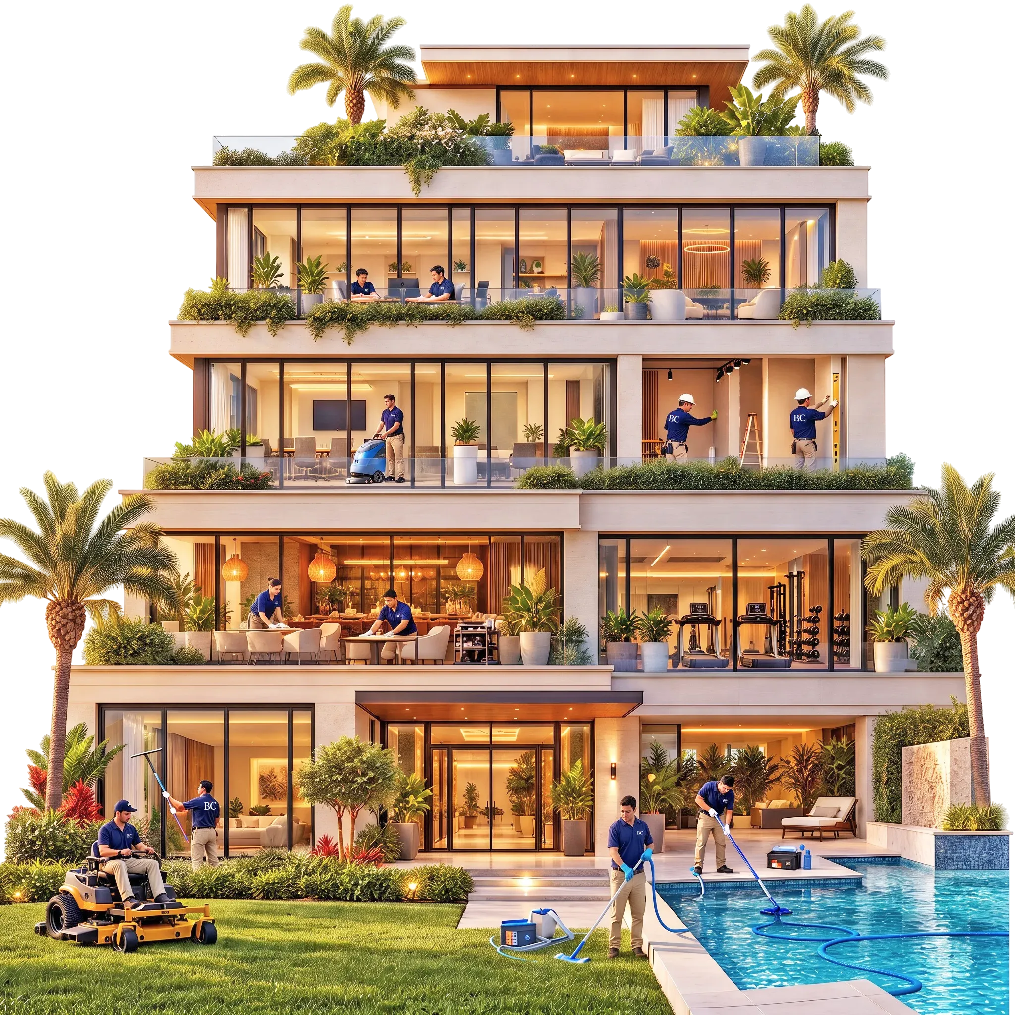 Brilla building in Florida with palm trees and workers providing cleaning, maintenance and construction services.